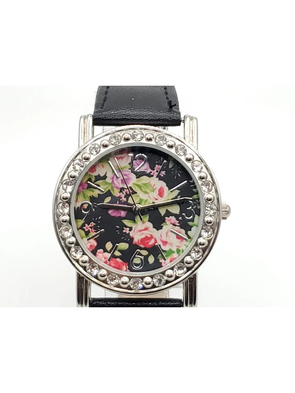 Flower Quartz Watch Womens New Battery Black Band 32mm